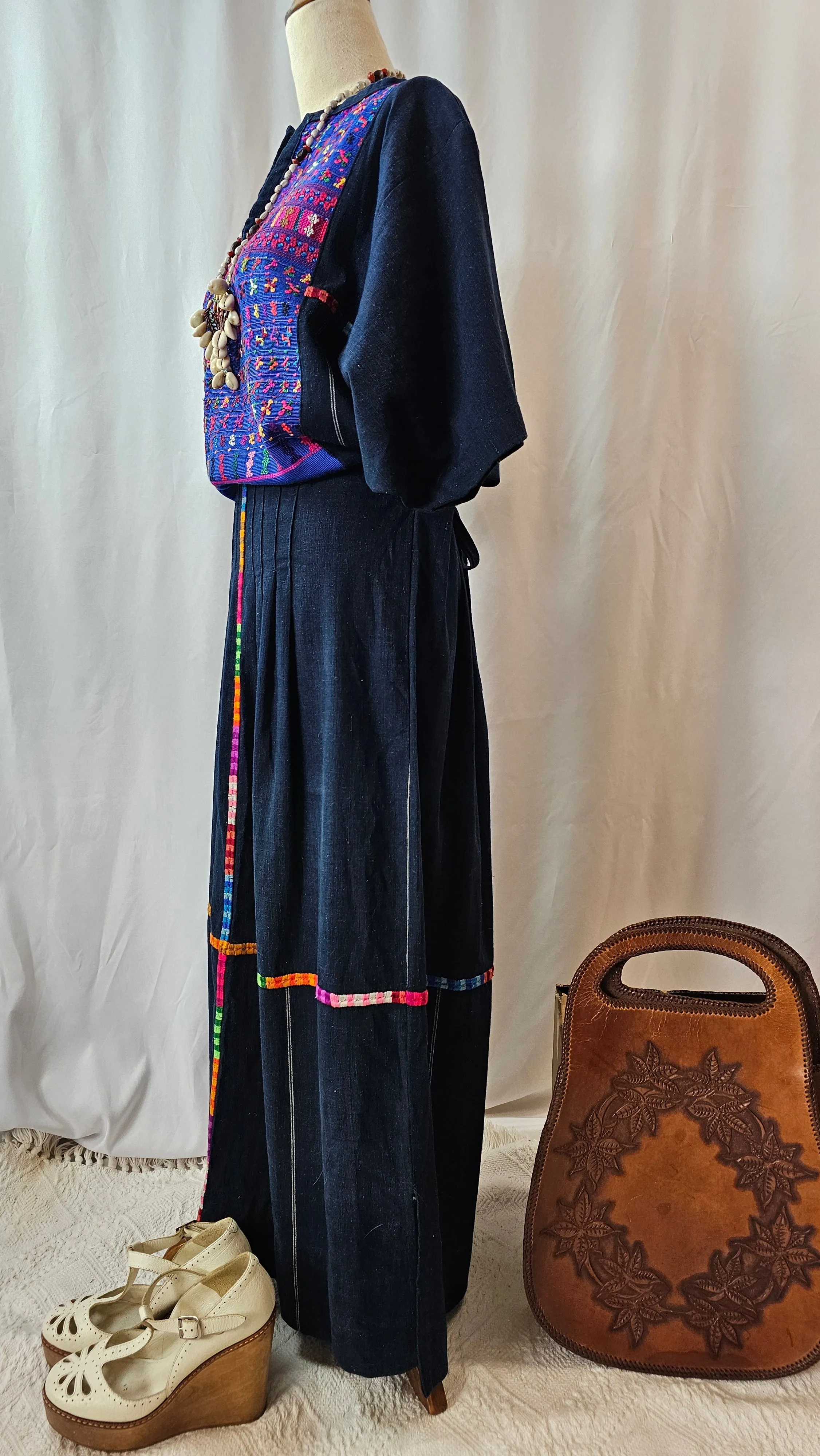 1970s Embroidered Guatemalan Huipil Maxi Dress M