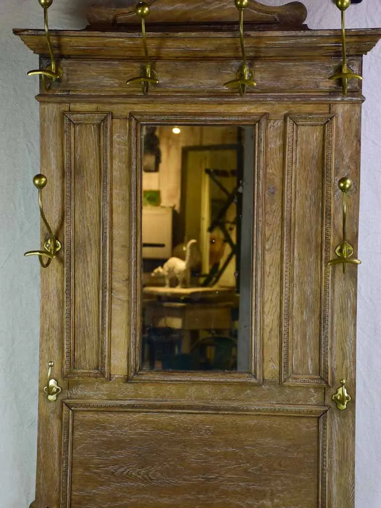 19th century French oak coat rack with mirror 82"