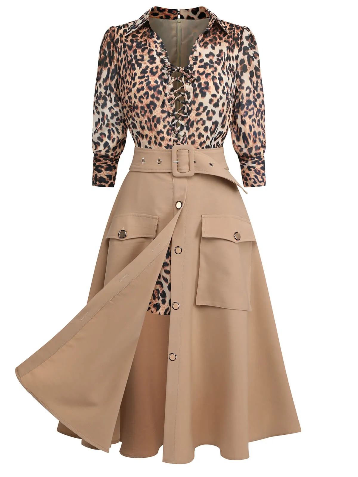 2PCS 1950s Leopard Lapel Romper & Khaki Skirt