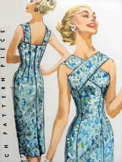 50s BOMBSHELL Cocktail Evening or Day Sun Dress and Jacket Pattern SIMPLICITY 1619 Princess Line Sheath Flirty Criss Cross Front Neckline Strappy Back Fifties Bombshell Dress Bust 30 Vintage Sewing Pattern