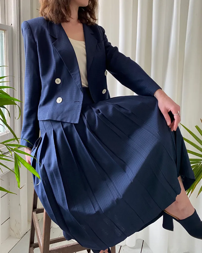 80s Navy Check Skirt Suit | M