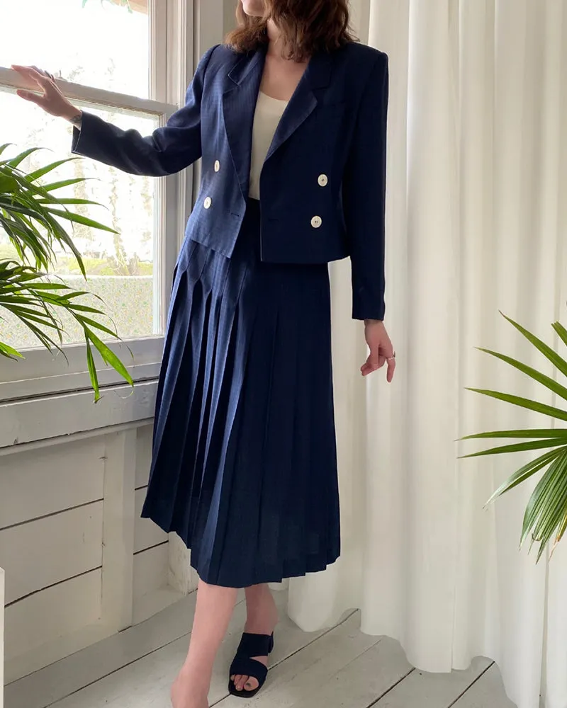 80s Navy Check Skirt Suit | M