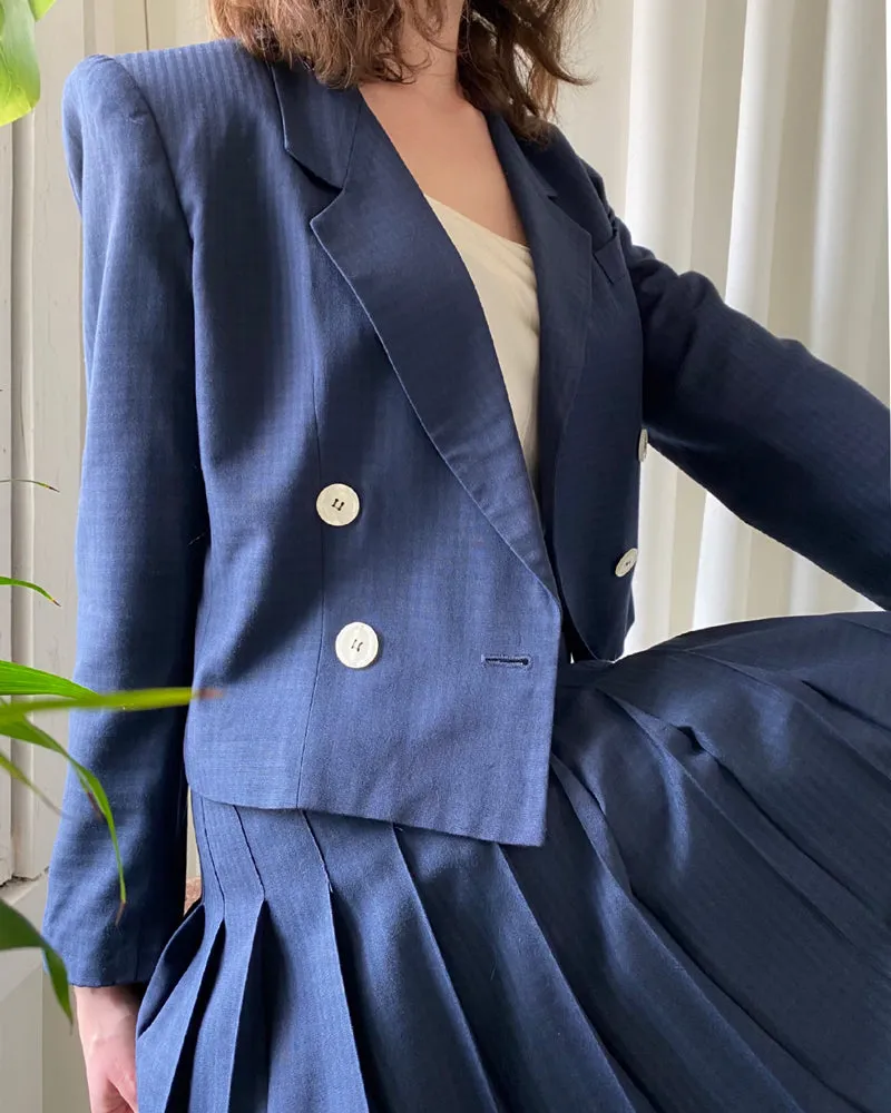 80s Navy Check Skirt Suit | M