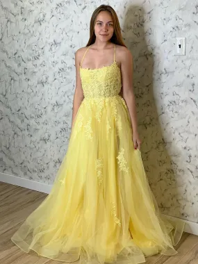 A Line Backless Tulle Long Lace Appliques Yellow Prom, Backless Yellow Lace Formal, Lace Yellow Evening