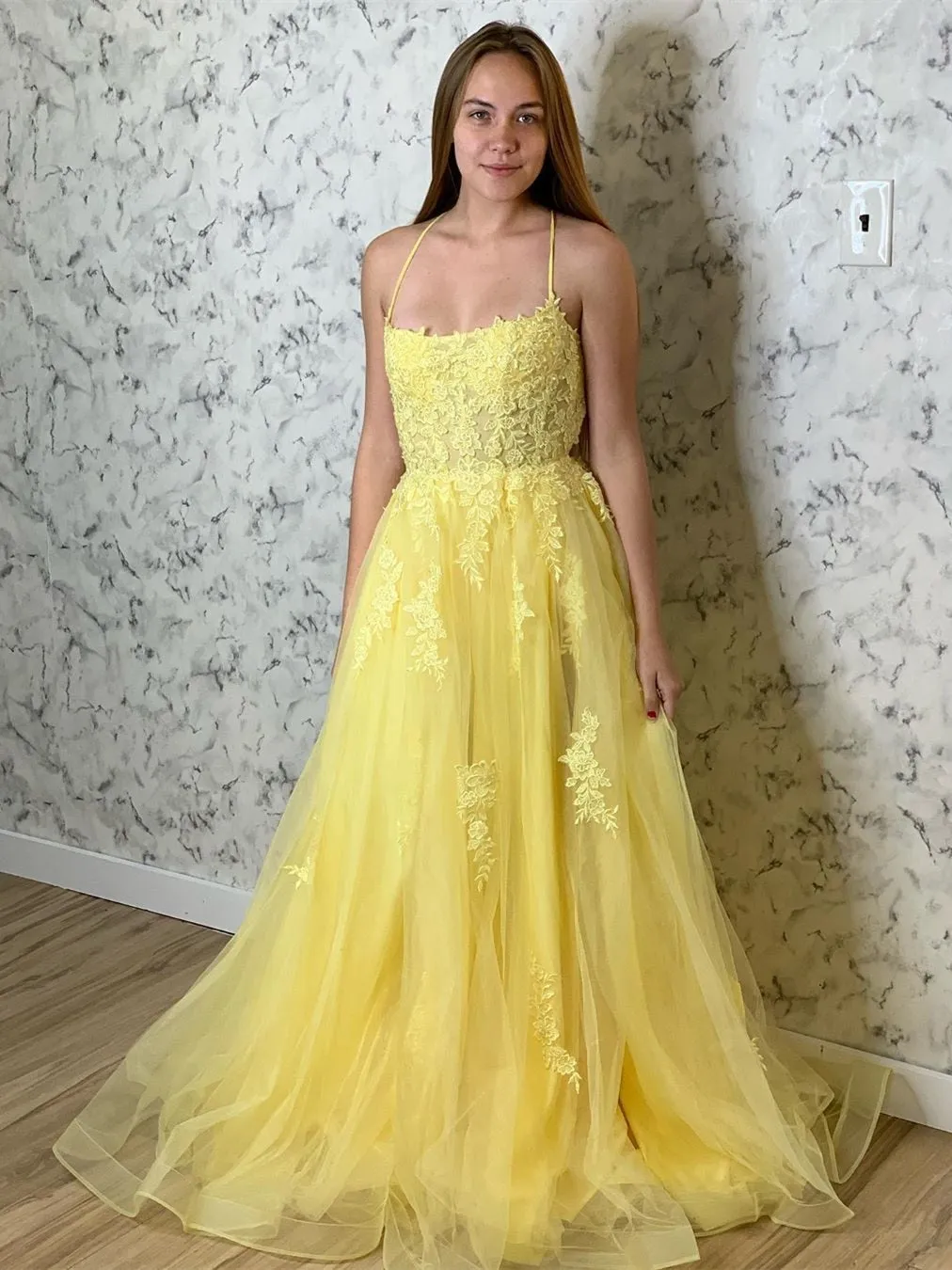 A Line Backless Tulle Long Lace Appliques Yellow Prom, Backless Yellow Lace Formal, Lace Yellow Evening