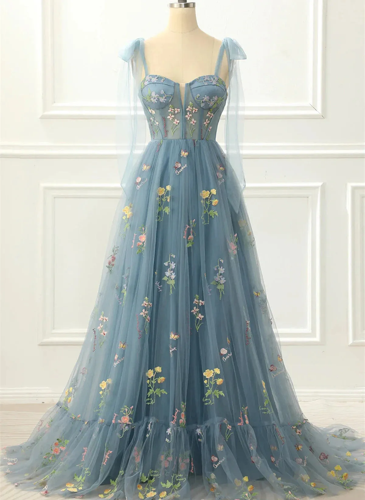 A-Line Blue-Grey Princess Prom Dress With Embroidery, Floral Lace Party