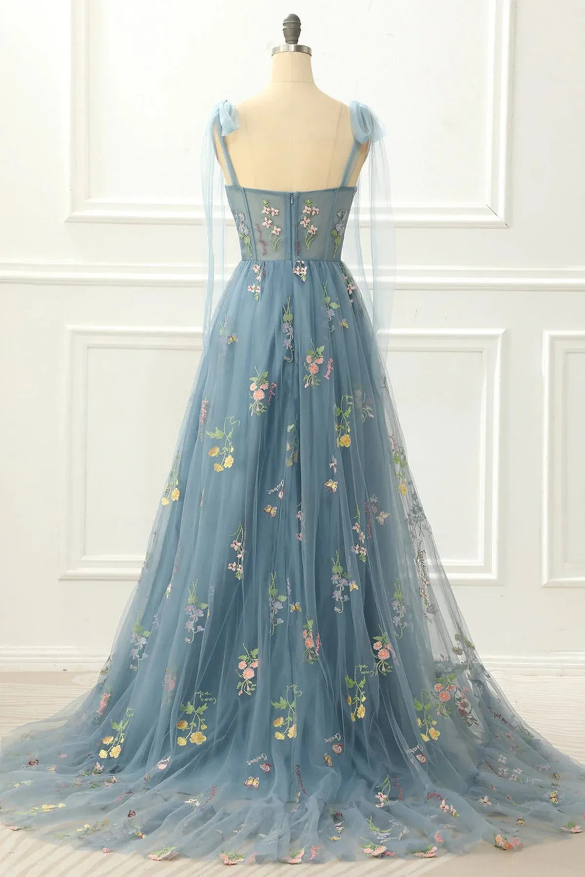 A-Line Blue-Grey Princess Prom Dress With Embroidery, Floral Lace Party