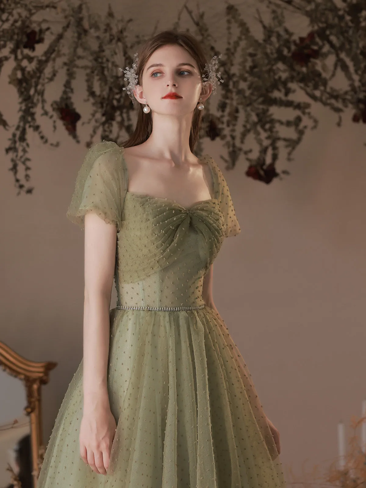 A-line Green Off Shoulder Tulle Long Party Dress, Green Simple Floor Length Prom Dress