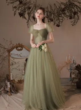 A-line Green Off Shoulder Tulle Long Party Dress, Green Simple Floor Length Prom Dress