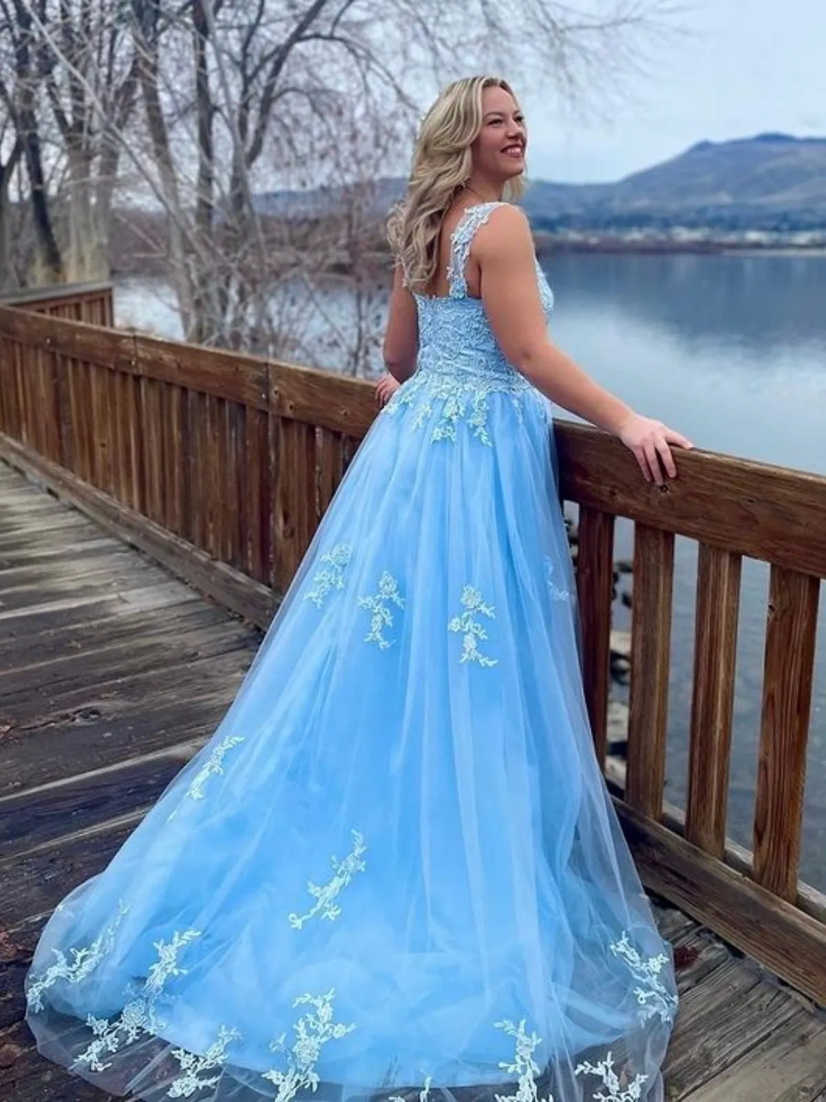 A Line Open Back Light Blue Lace Long Prom Dresses, Light Blue Lace Formal Dresses, Light Blue Evening Dresses SP2864