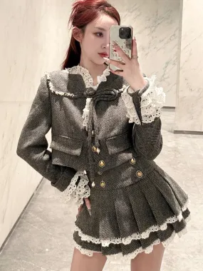 Aiertu Small Fragrant Autumn Sweet Single Breasted Lace Ruffles Jacket   High Waist Pleated Skirt Two Peice Set for Women Matching Sets