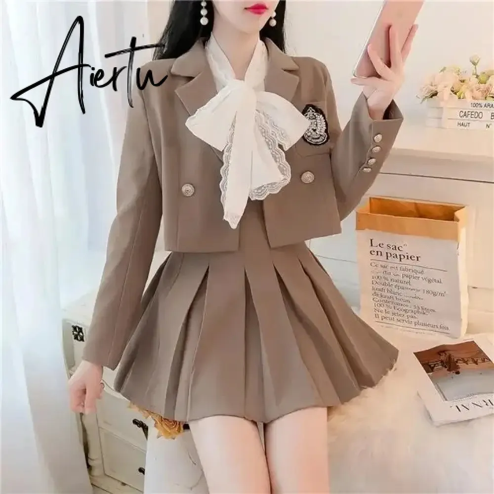 Aiertu Two Piece Set for Women Autumn Long Sleeve Suit Jacket Pleated Skirt Elegant Sets To Dress New Two Piece Temperament Korean New