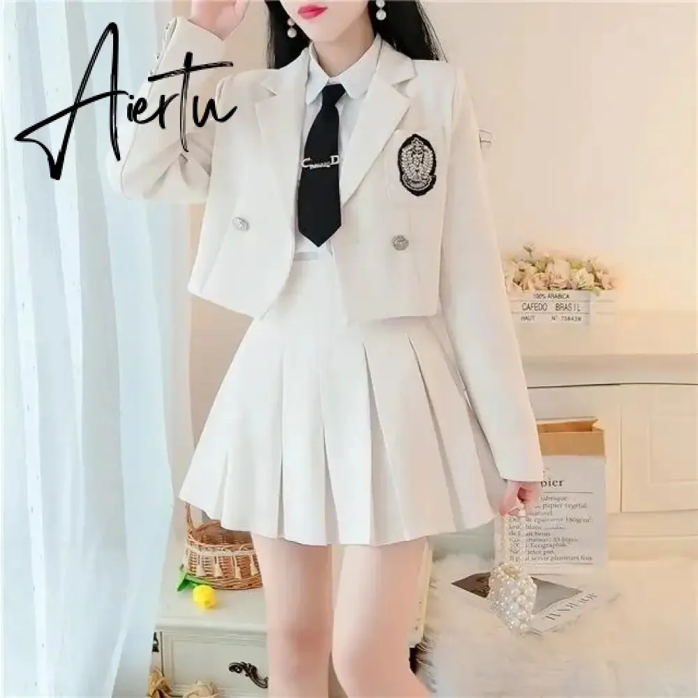 Aiertu Two Piece Set for Women Autumn Long Sleeve Suit Jacket Pleated Skirt Elegant Sets To Dress New Two Piece Temperament Korean New