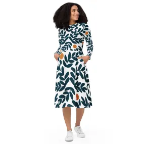 All-over print long sleeve midi dress