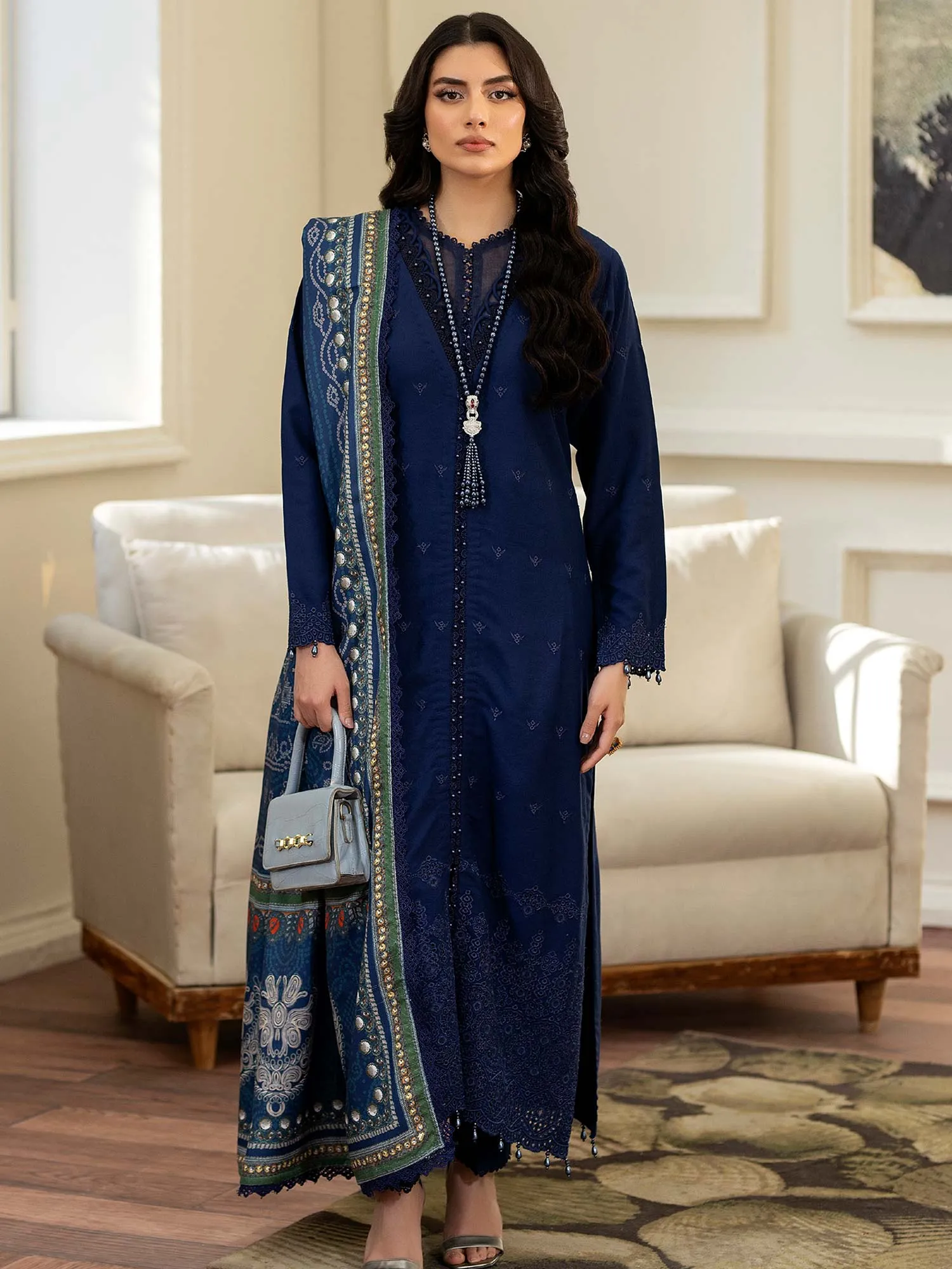 Ally's Dhanak Chikankari Navy Blue 3-Piece Suit (AL-DNK42)