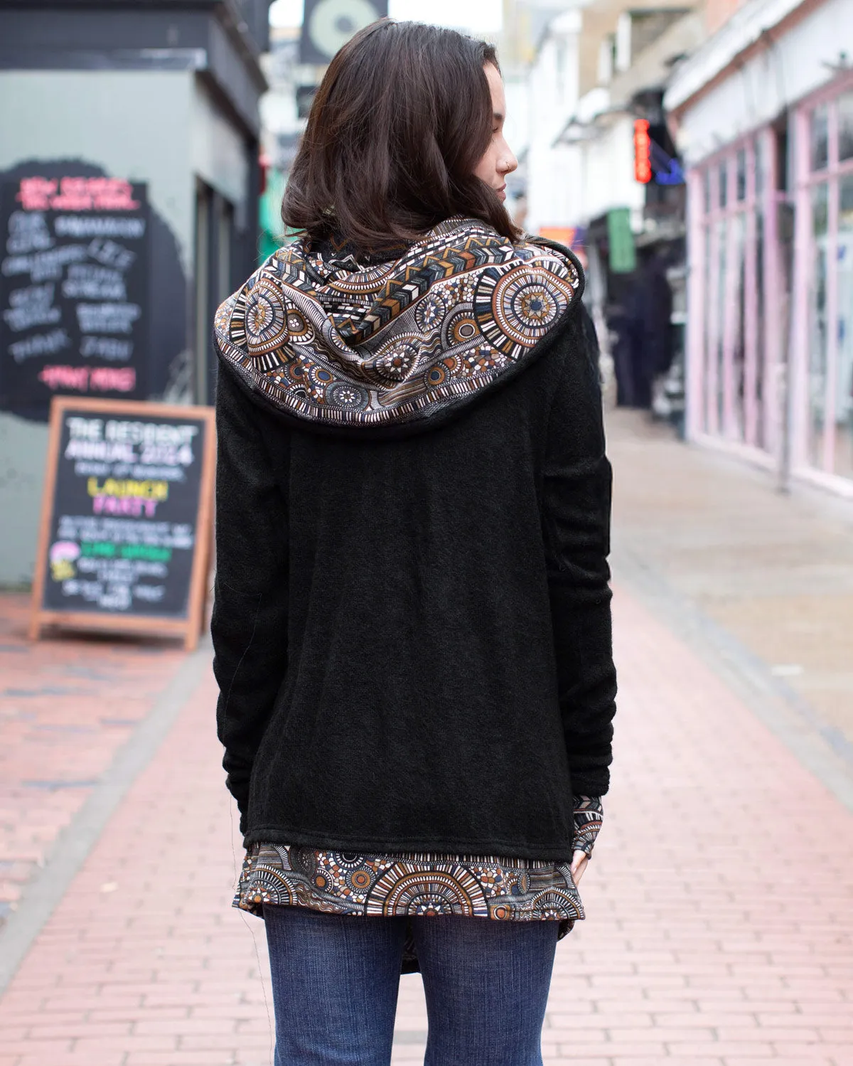 Aztec Hooded Cardigan Jacket Black