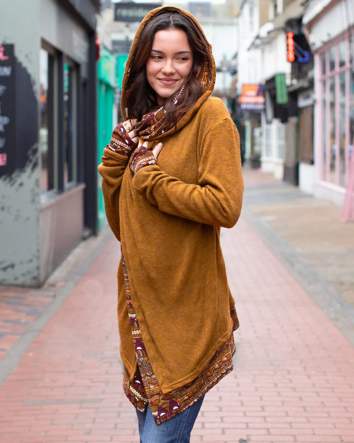 Aztec Hooded Cardigan Jacket Camel