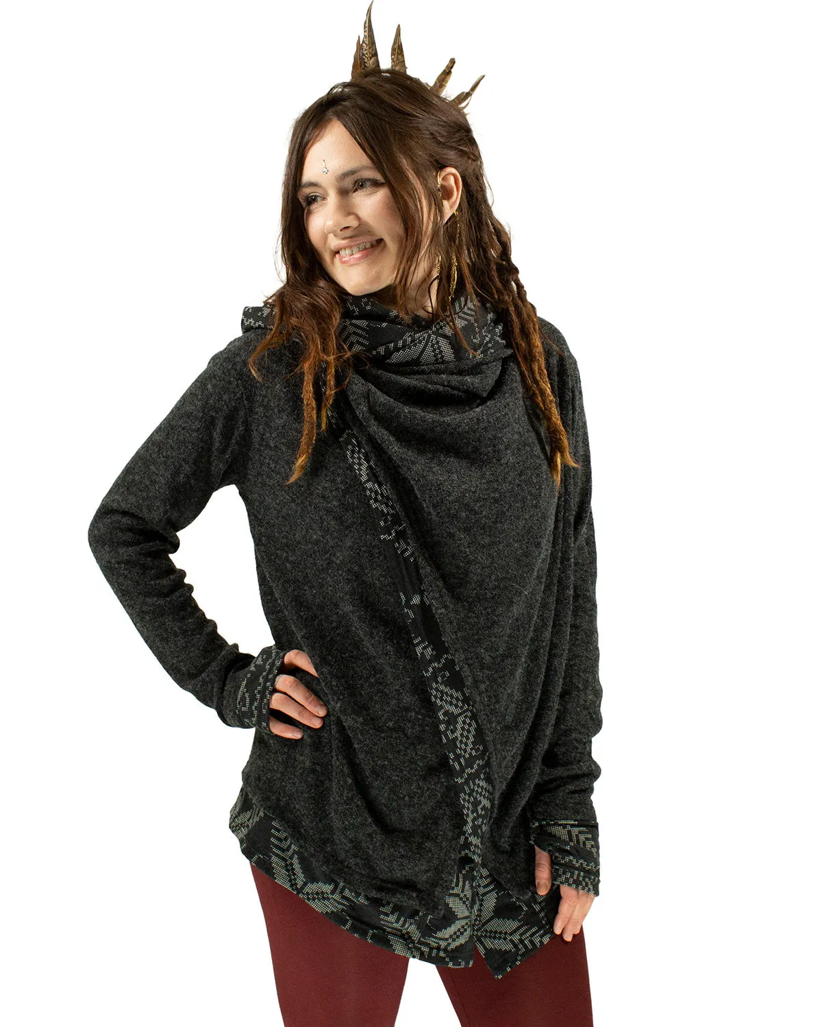 Aztec Hooded Cardigan Jacket Charcoal