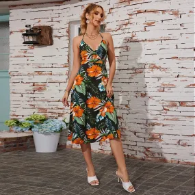 Backless Casual Strapless Vacation Split Long Halter Summer Printed Dress