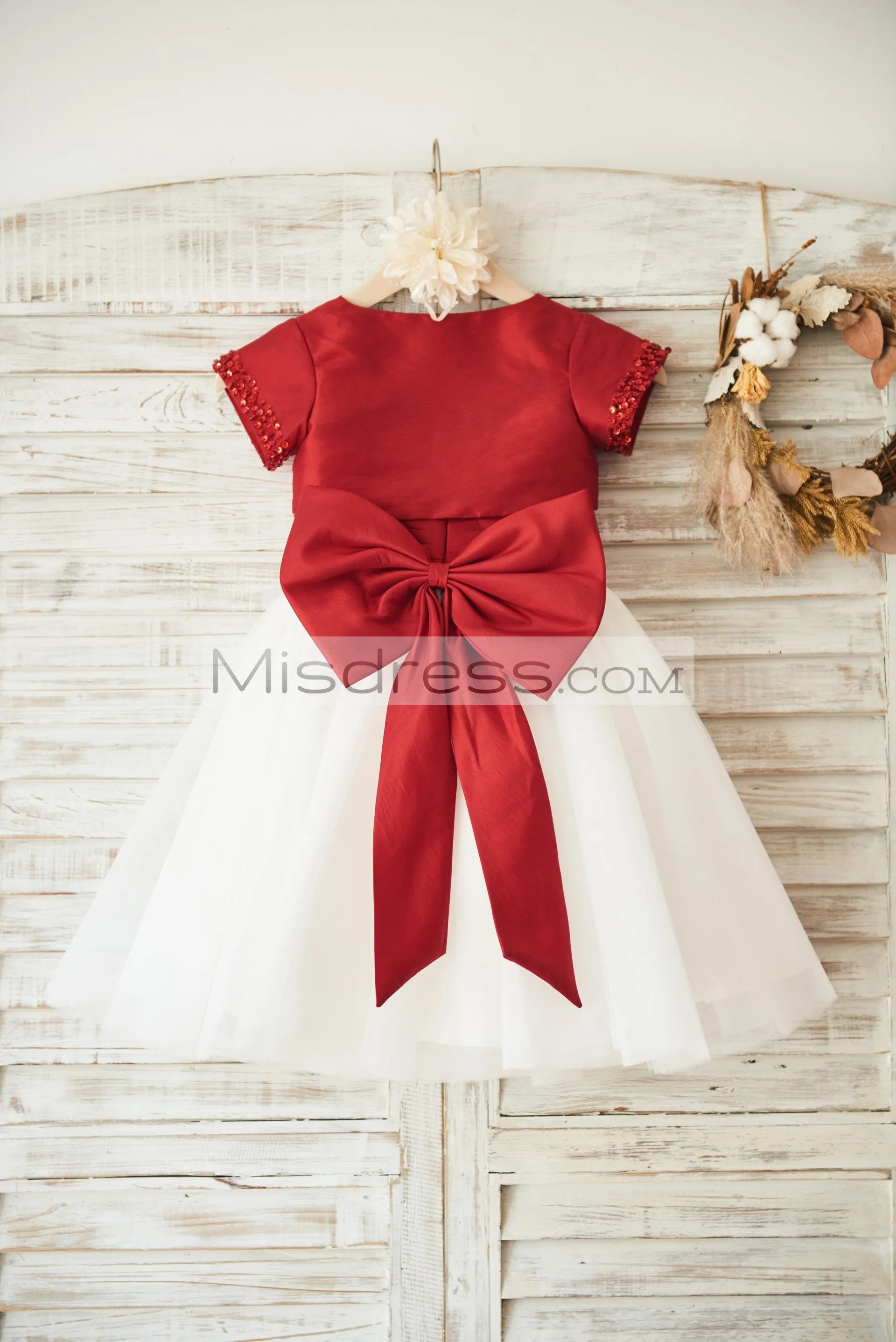 Beaded Red Taffeta Tulle Wedding Flower Girl Dress, Matching Jacket