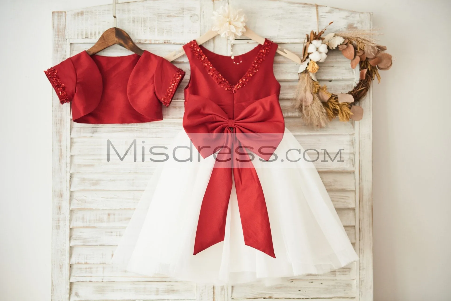 Beaded Red Taffeta Tulle Wedding Flower Girl Dress, Matching Jacket