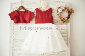 Beaded Red Taffeta Tulle Wedding Flower Girl Dress, Matching Jacket