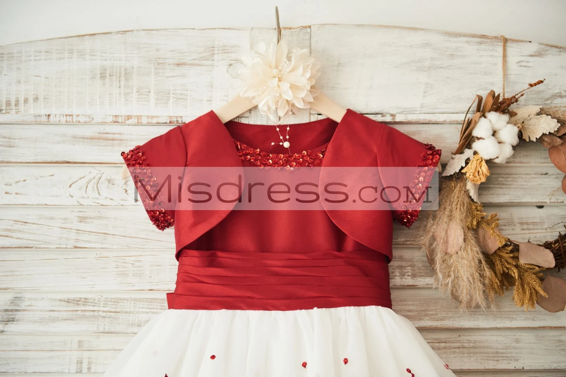 Beaded Red Taffeta Tulle Wedding Flower Girl Dress, Matching Jacket