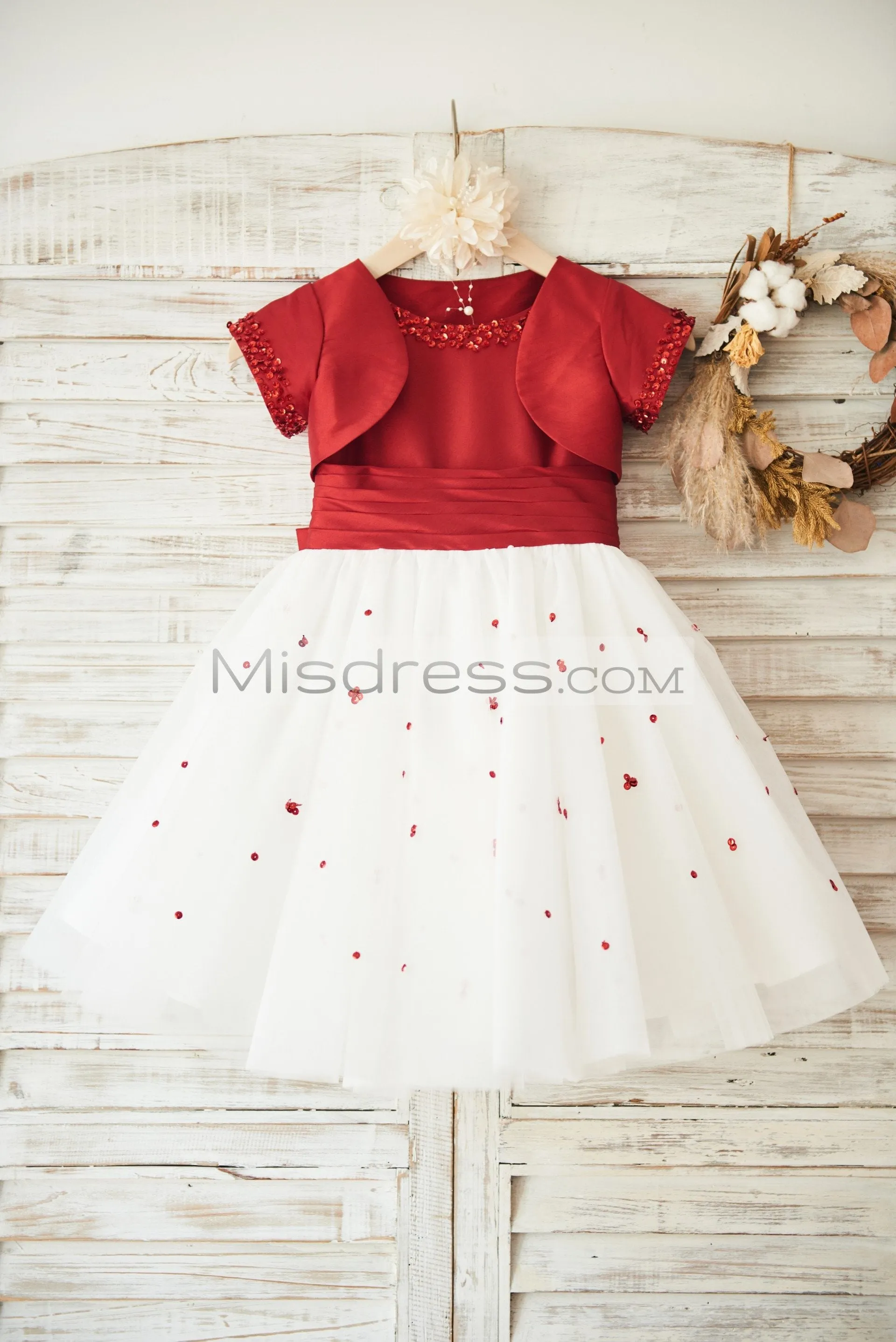 Beaded Red Taffeta Tulle Wedding Flower Girl Dress, Matching Jacket