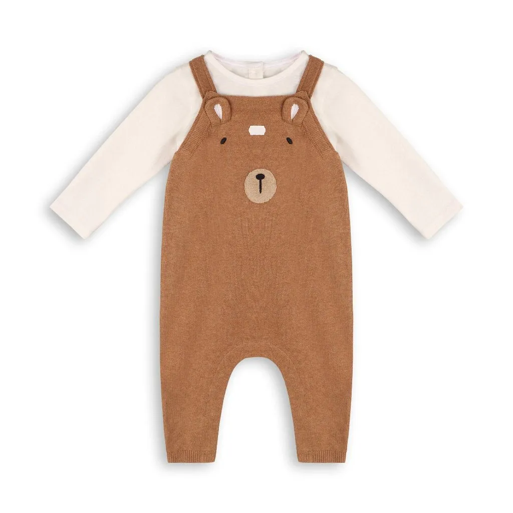 Bear Embroidered Knit Baby Overall & Bodysuit Set