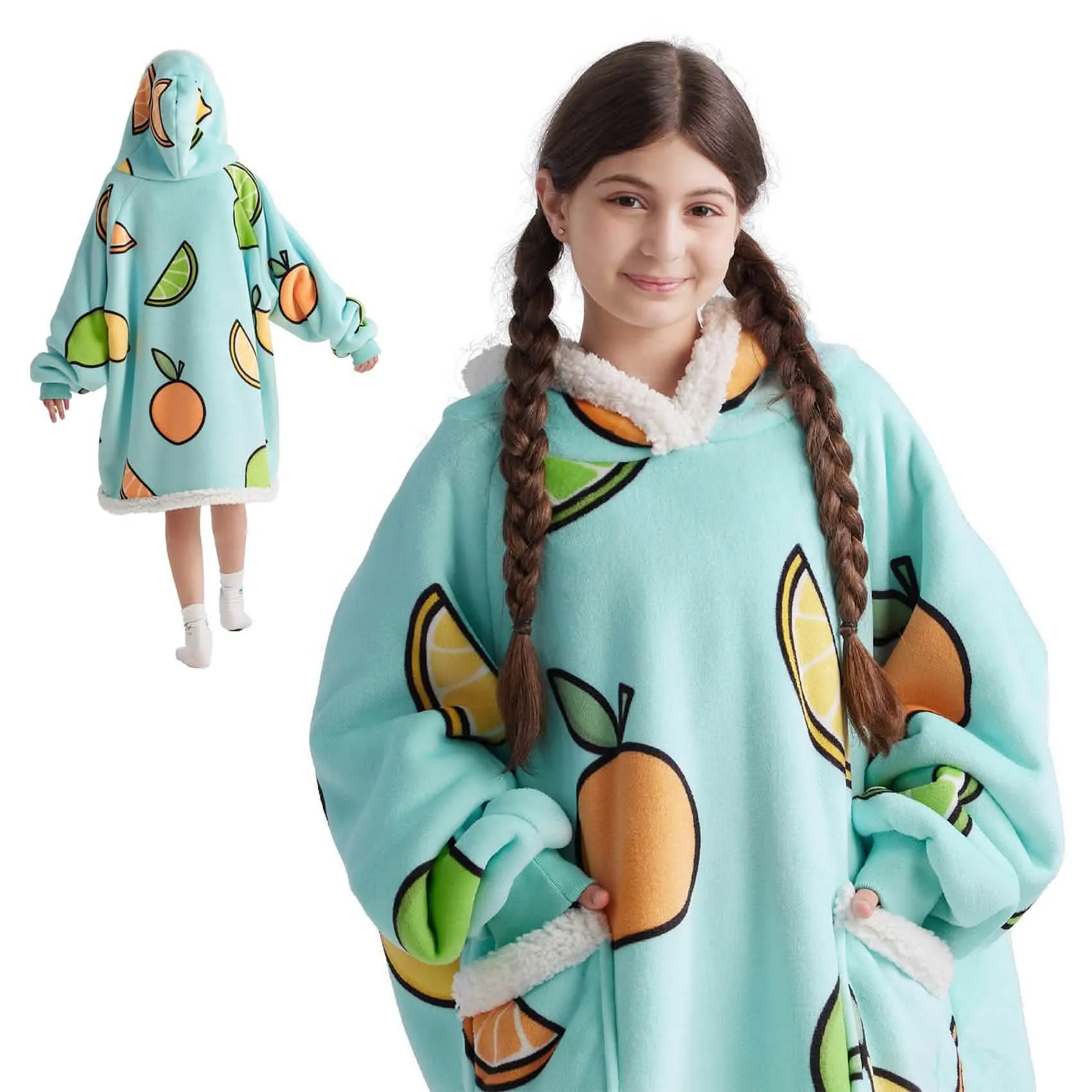 Bedsure Cute Printed Patterns Sherpa Blanket Hoodie Teal