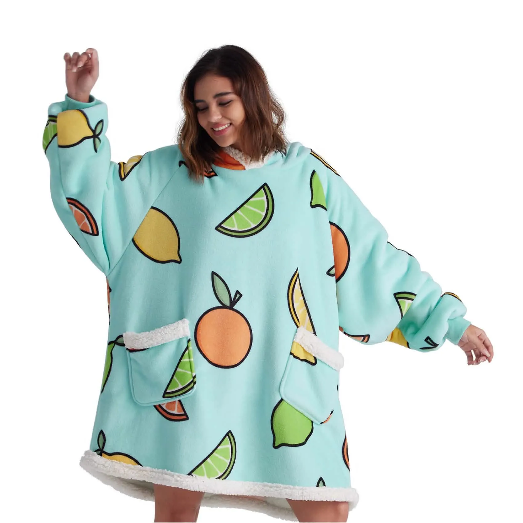 Bedsure Cute Printed Patterns Sherpa Blanket Hoodie Teal