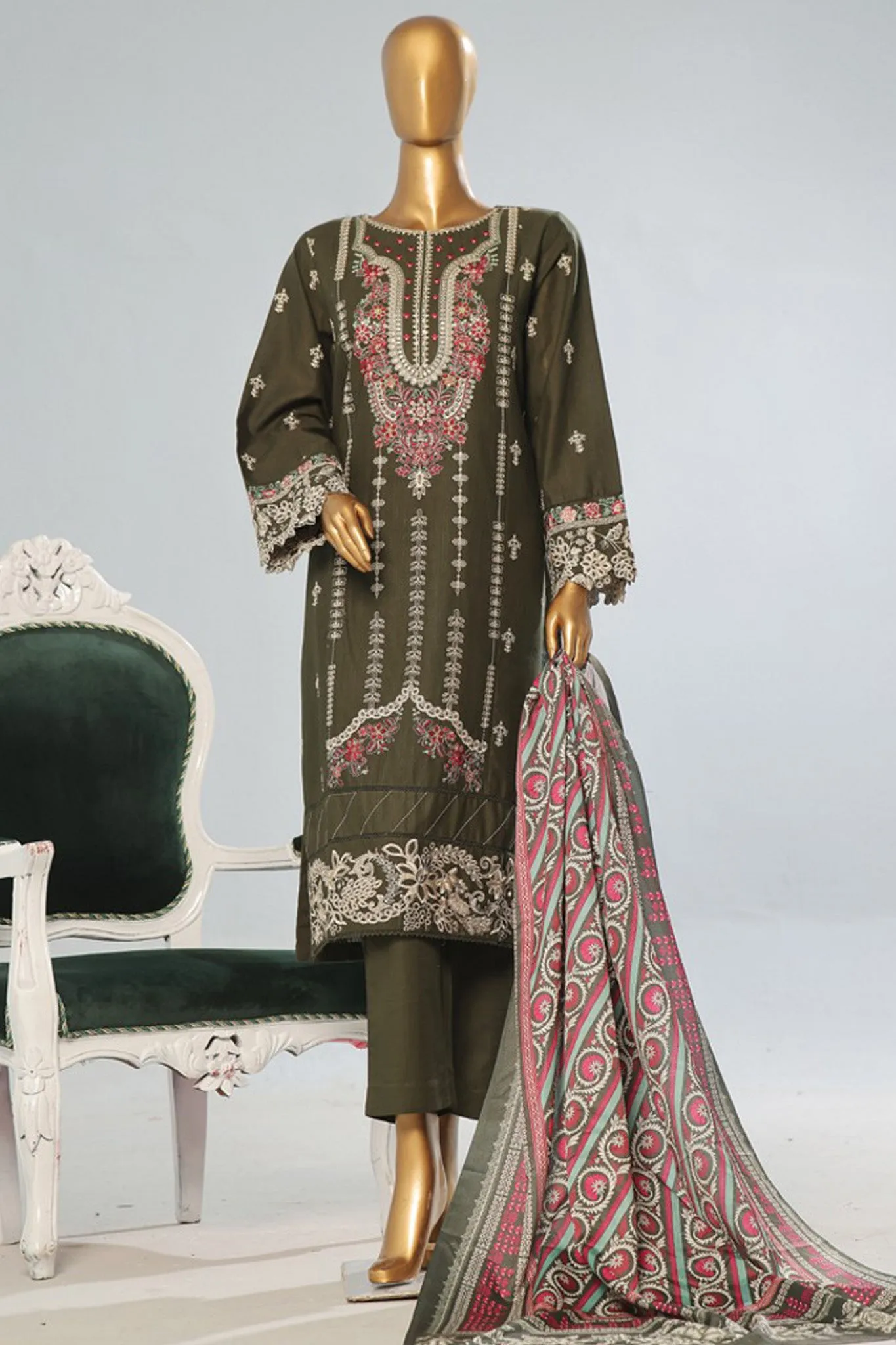 Bin Saeed Stitched 3 Piece Luxury Emb Khaddar With Shawl Collection'2024-WKK-1211-Mehndi