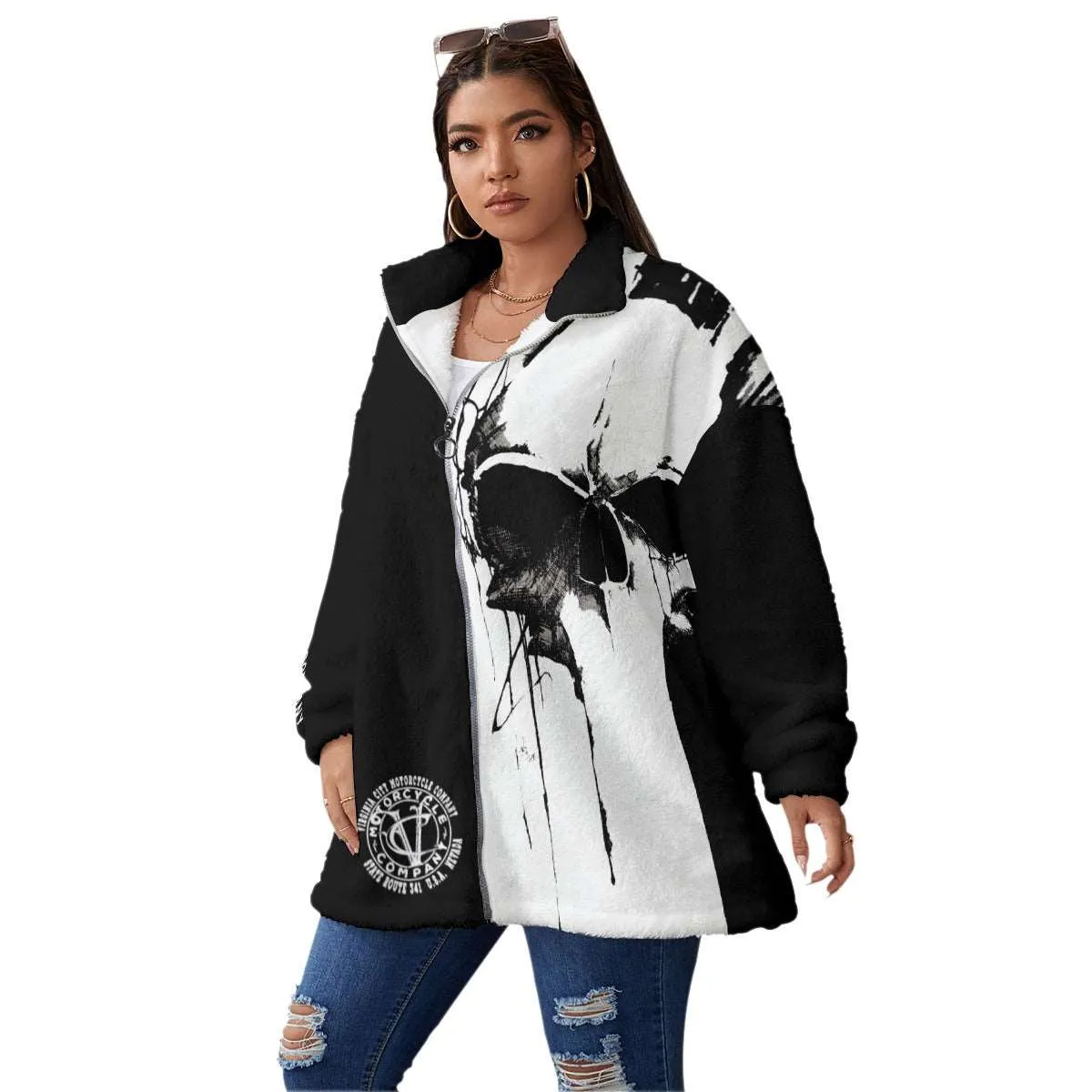 Black and White Skull - Oversize Fuzzy Fleece Zip Up (Plus Size)