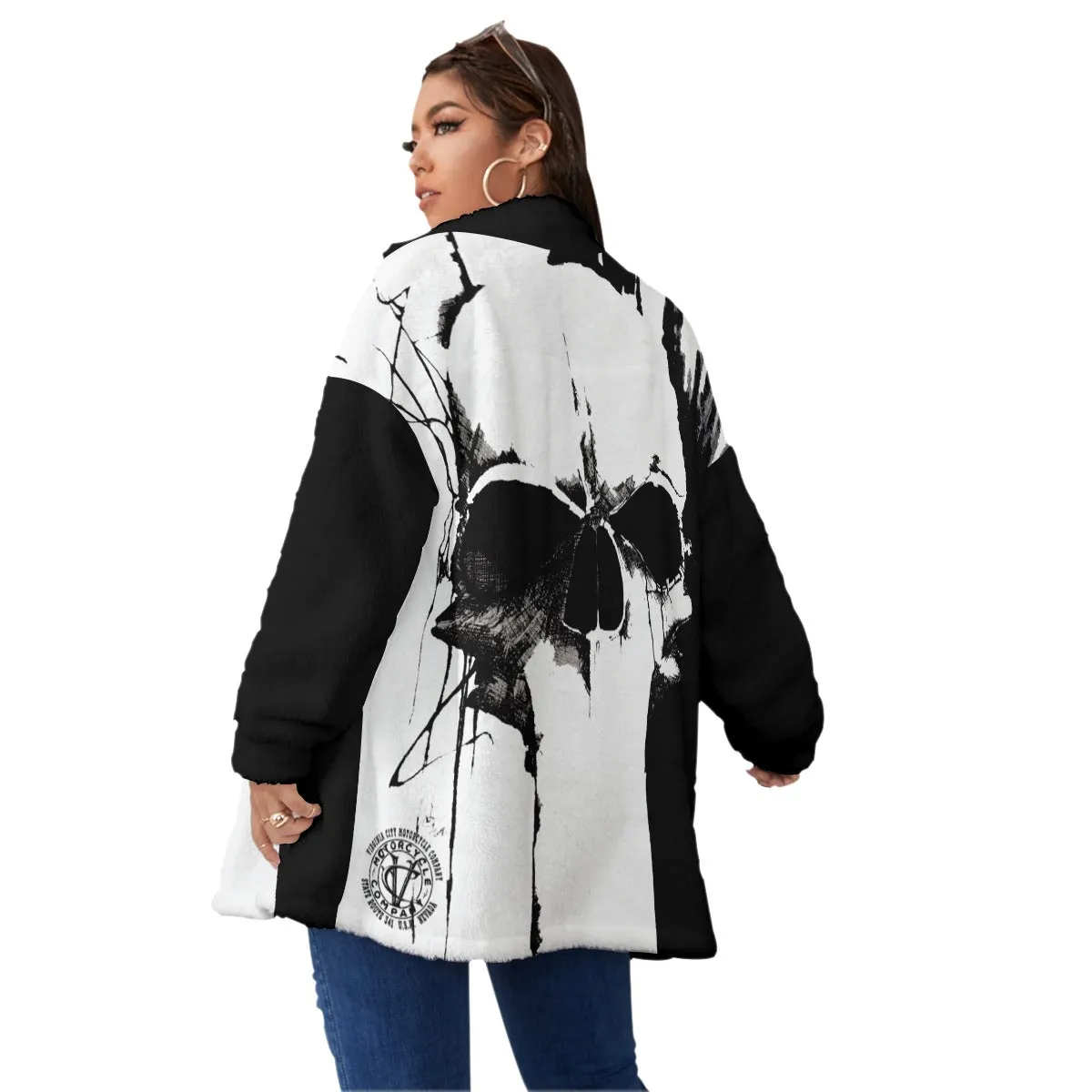 Black and White Skull - Oversize Fuzzy Fleece Zip Up (Plus Size)