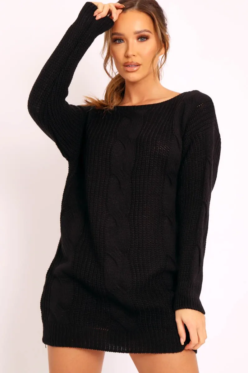 Black Cable Knit Off Shoulder Jumper Dress - Berry