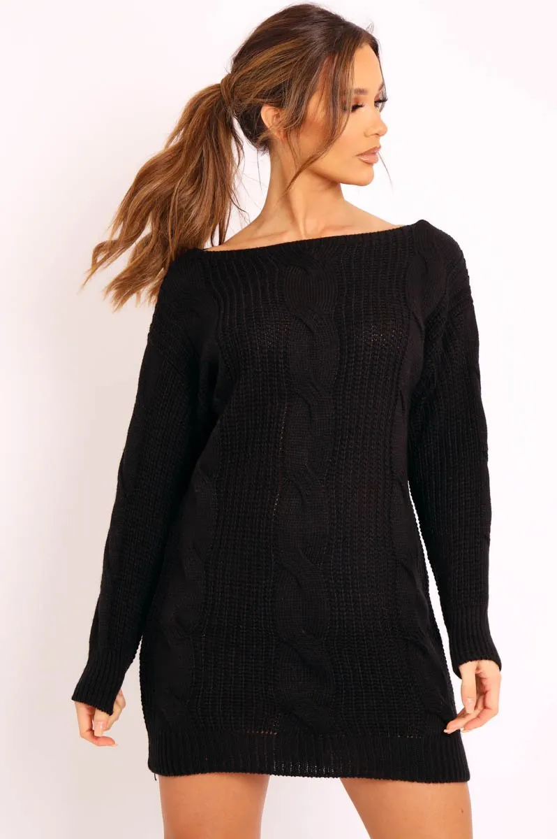 Black Cable Knit Off Shoulder Jumper Dress - Berry