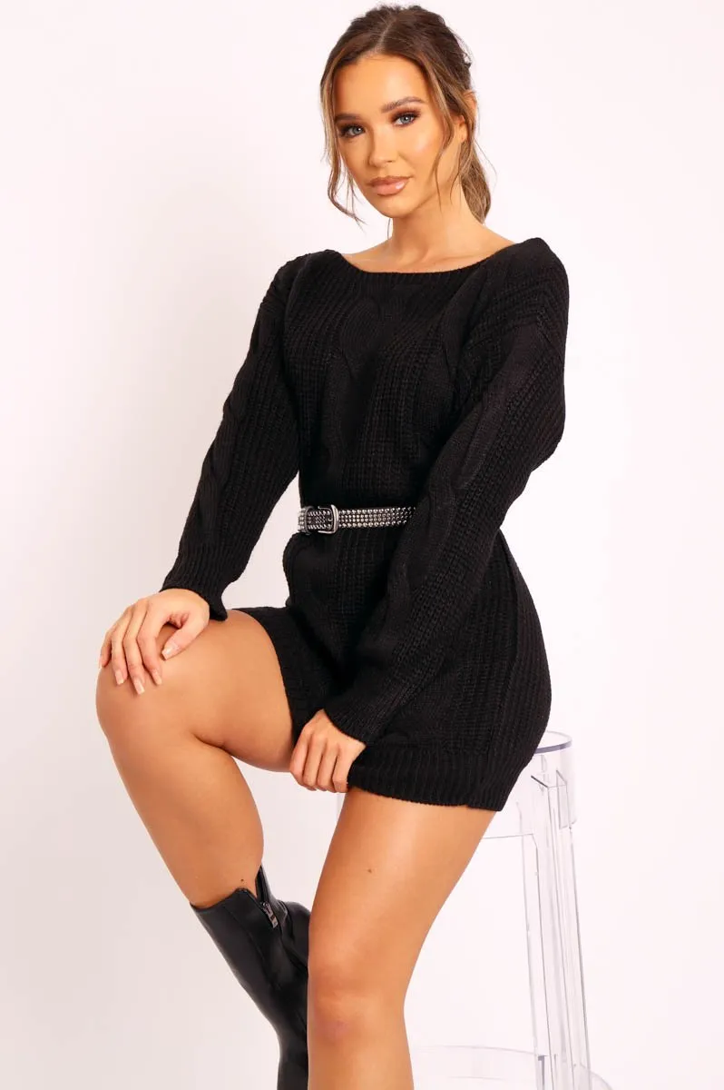 Black Cable Knit Off Shoulder Jumper Dress - Berry