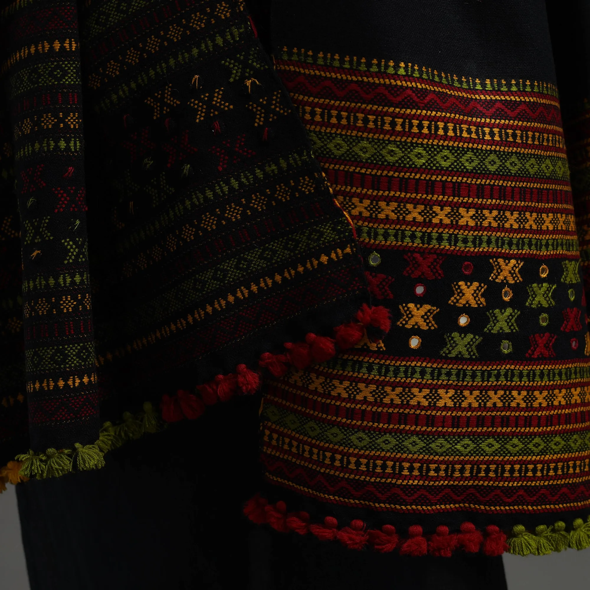 Black - Kutch Handwoven Mirror Work Woollen Shawl 17