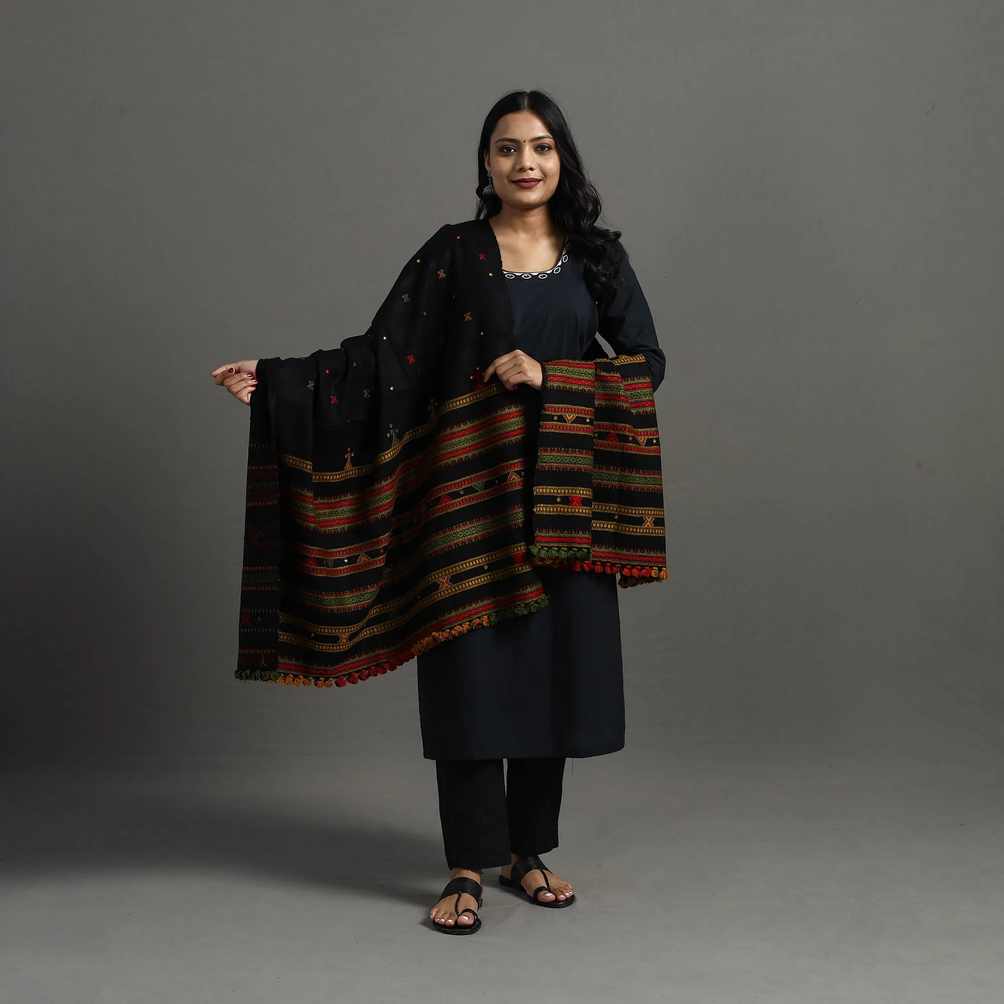 Black - Kutch Handwoven Mirror Work Woollen Shawl 85