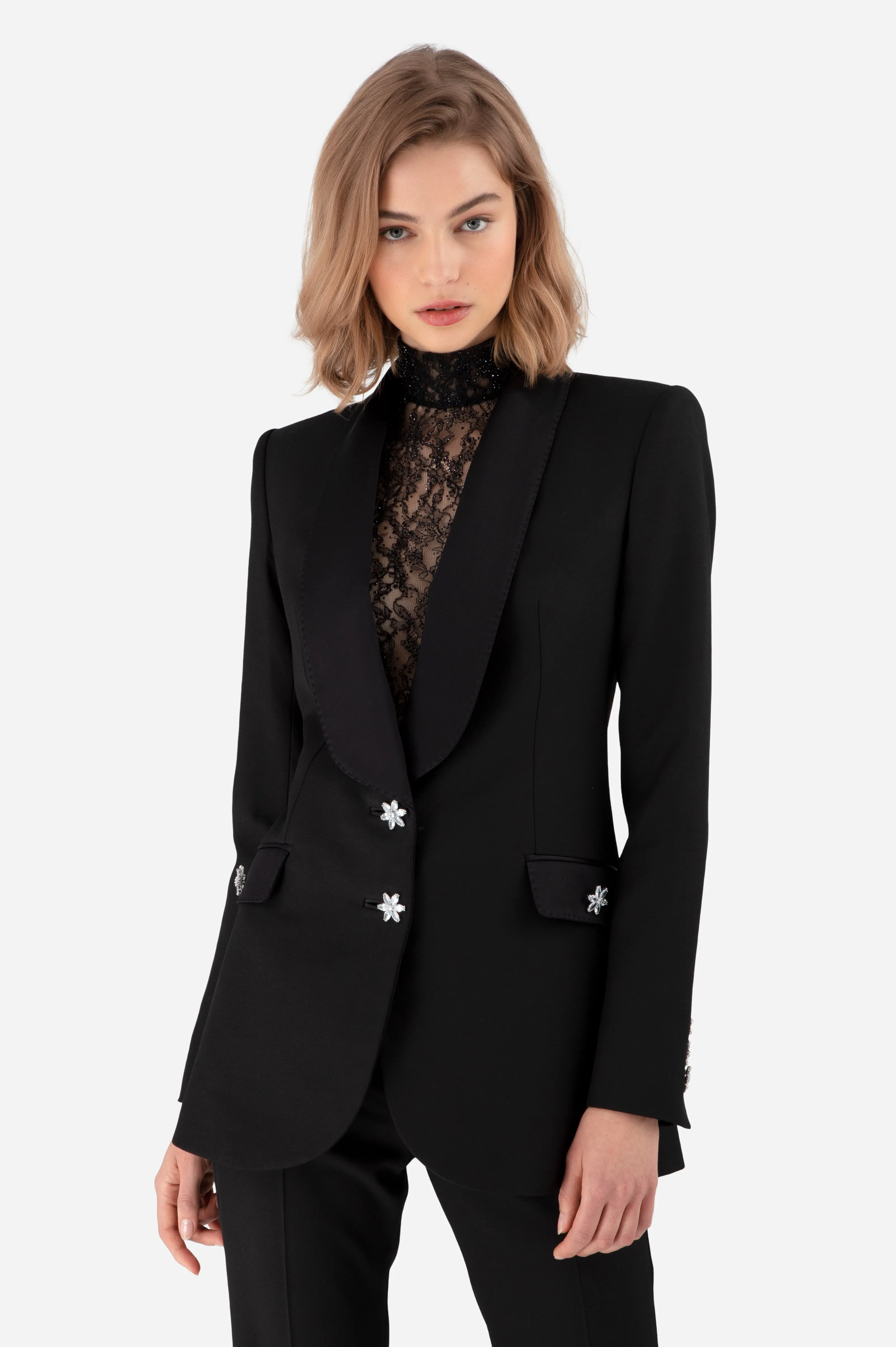 Black Satin Crepe Tailored Blazer