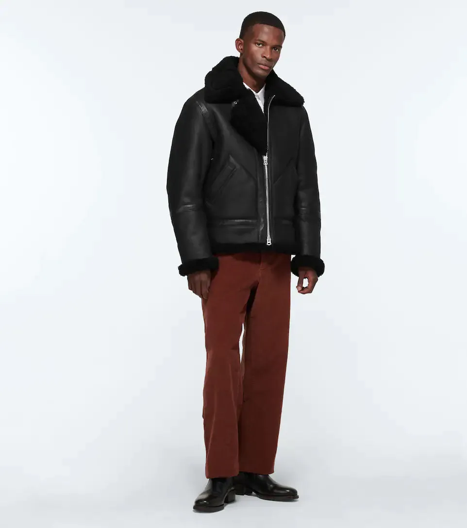 Black Shearling Leather Aviator Jacket