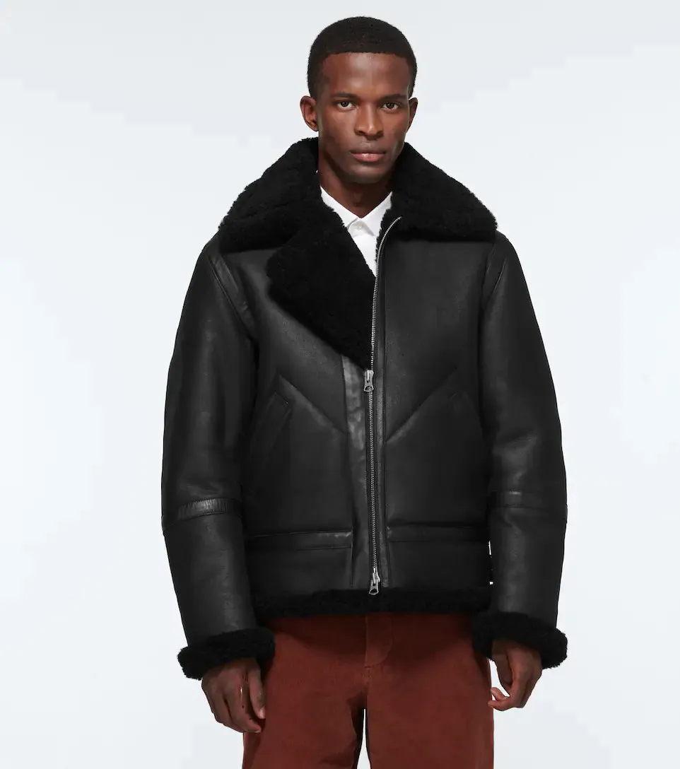 Black Shearling Leather Aviator Jacket