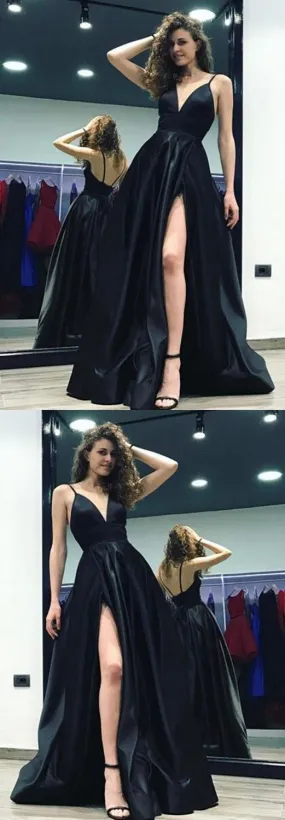 black side slit spaghetti straps long prom dresses, BD4582