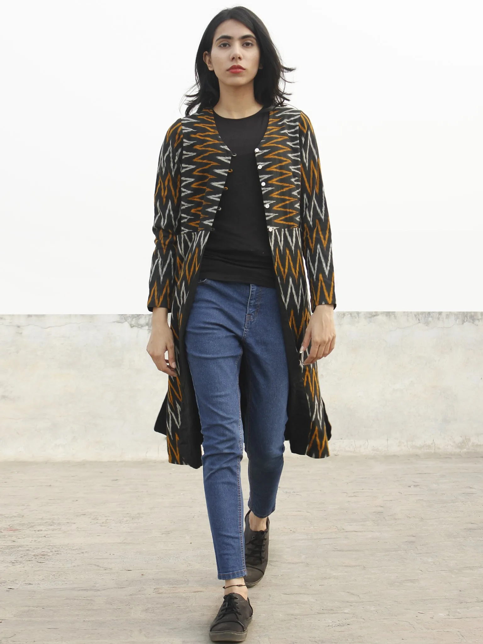 Black Yellow Ivory Hand Woven Ikat Long Jacket With Front Pockets - J06F967