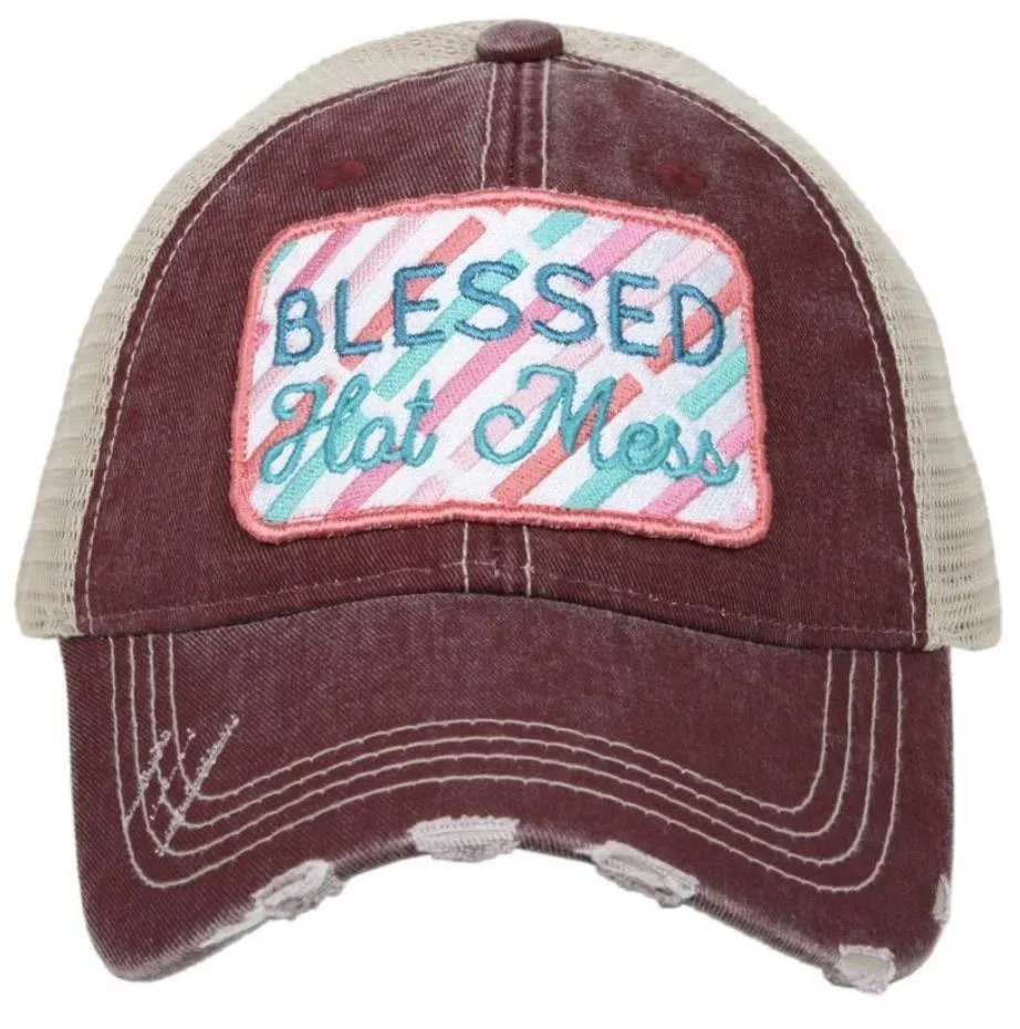 Blessed hats Blessed hot mess Simply blessed Crosses Embroidered distressed adjustable trucker caps