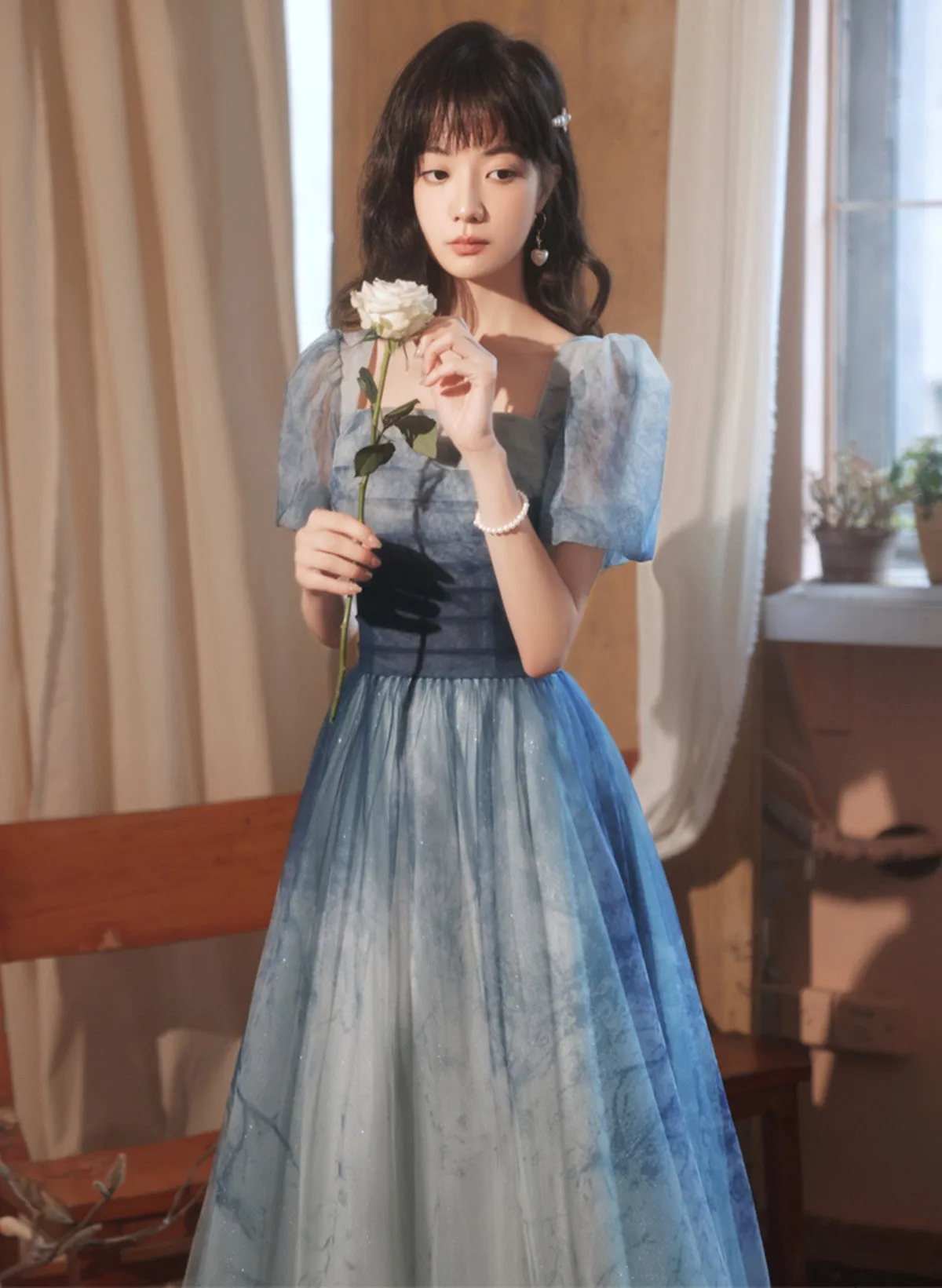 Blue Short Sleeves Gradient Tulle Long Party Dress, Blue Long Formal Dress Evening Dress