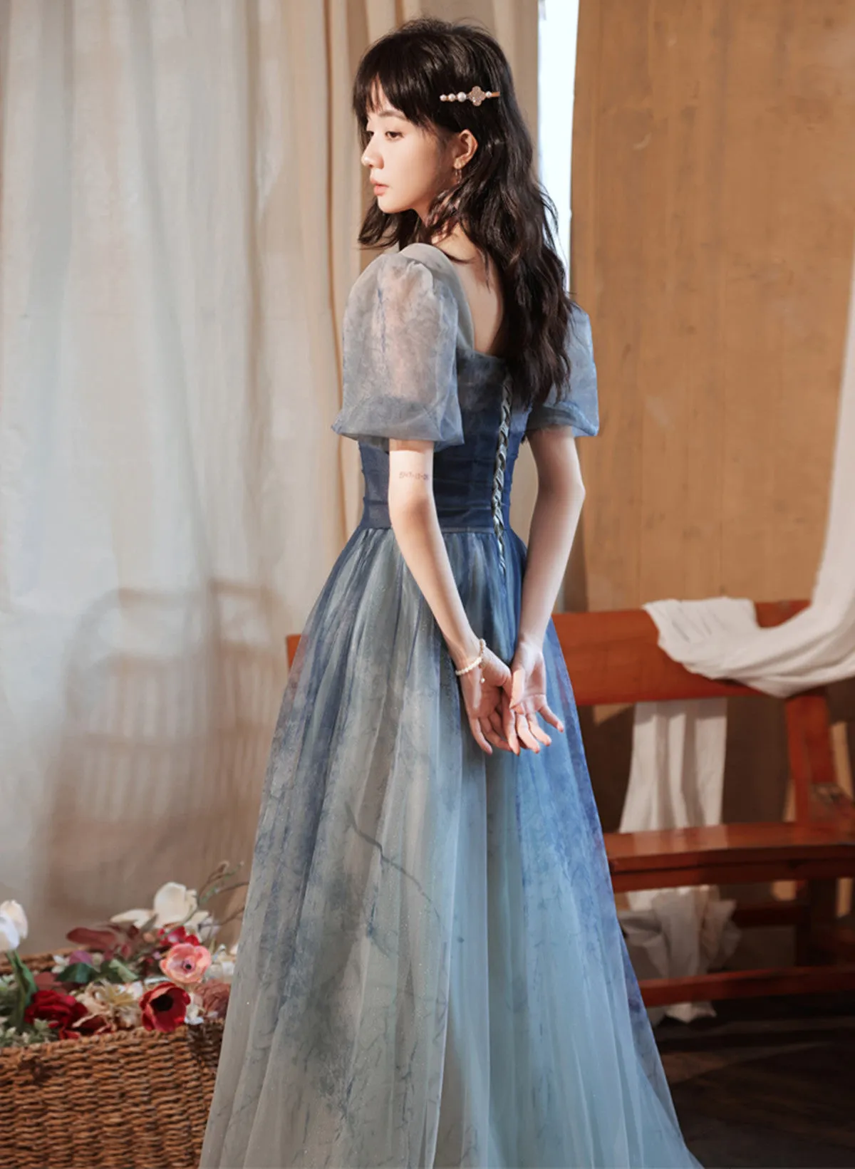 Blue Short Sleeves Gradient Tulle Long Party Dress, Blue Long Formal Dress Evening Dress