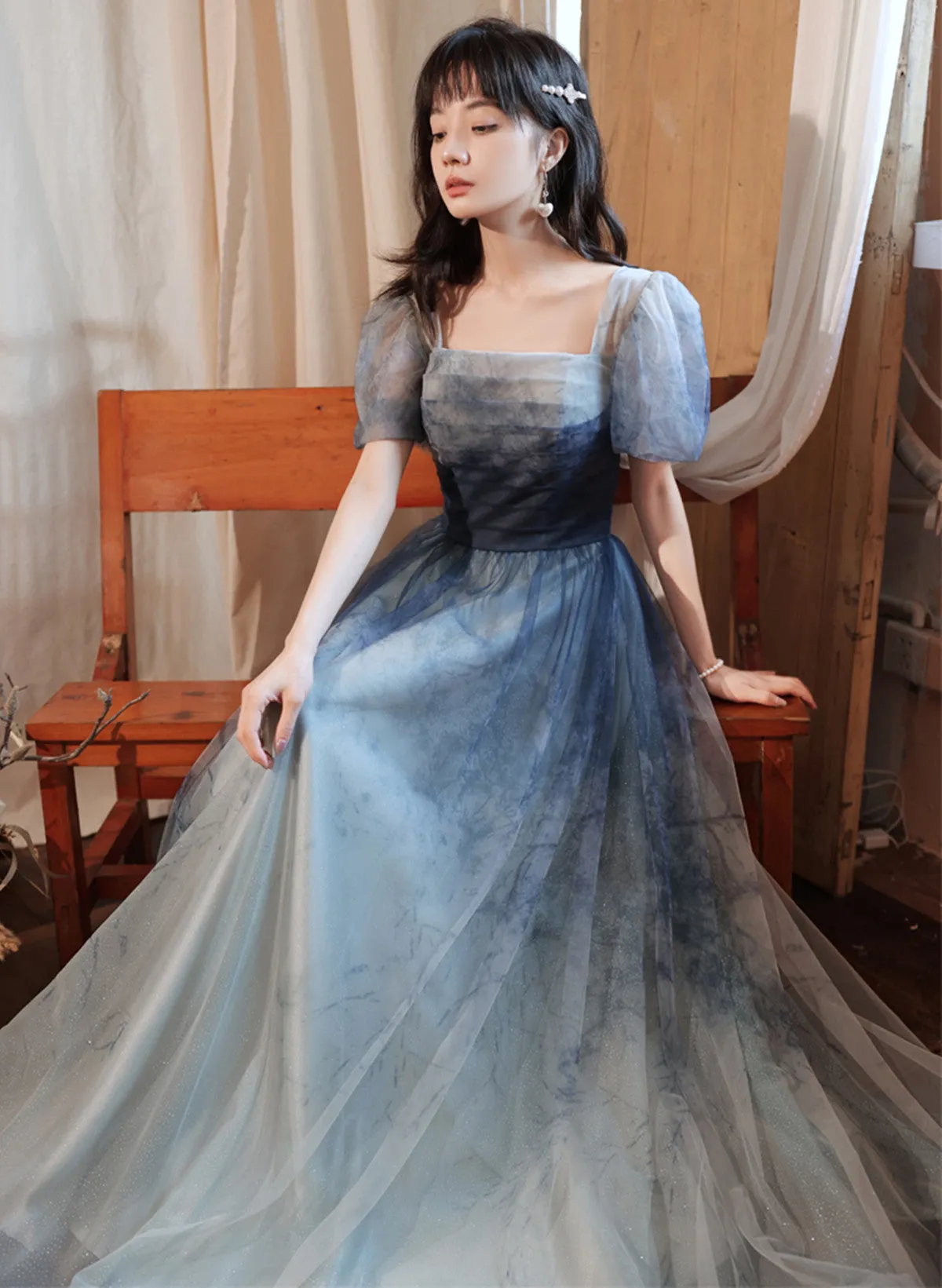 Blue Short Sleeves Gradient Tulle Long Party Dress, Blue Long Formal Dress Evening Dress