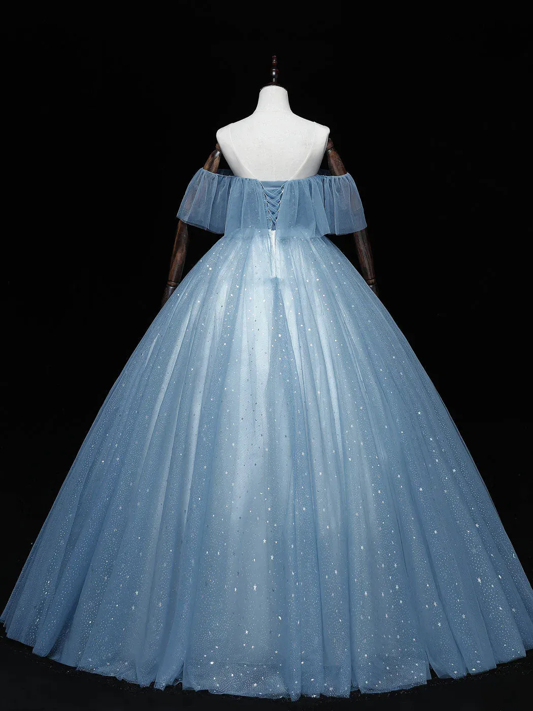 Blue Sweetheart Ball Gown Tulle Off Shoulder Party Dress, Blue Formal Dress Prom Dress