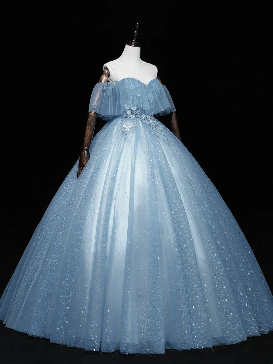 Blue Sweetheart Ball Gown Tulle Off Shoulder Party Dress, Blue Formal Dress Prom Dress